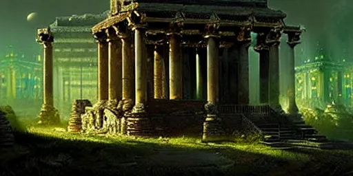 Image similar to beautiful hyperrealistic epic painting of the mysterious intricate clockwork ruins of an ancient temple with advanced alien technology under the moonlight, a green glowing crystal is inside the temple, by hubert robert and lee madwick and bastien lecouffe deharme, dramatic lighting