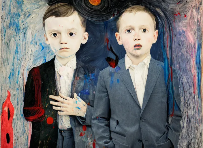 Image similar to portrait of a child wearing a suit, vincent lefevre and hernan bas and pat steir and hilma af klint, psychological, photorealistic, dripping paint, washy brush, rendered in octane, altermodern, masterpiece