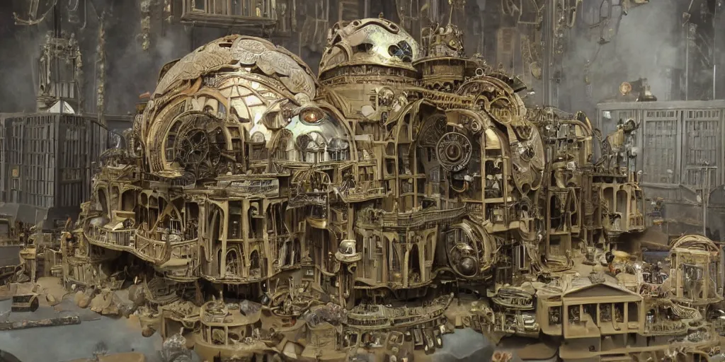 Prompt: Architectural model of a steam punk science fiction set painted by Ernst Haekl, cinematography by Moebius, composition by Jules Verne