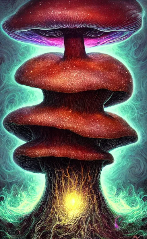 Prompt: enormous mushroom man deity of the stars resides inside void manifold, mycelium forms quantum foam, fractal of scary dirac equations, portrait by ross tran, timeline nexus, ascending universes, a dnd illustration of esoteric concept by cgsociety and james gurney, artstation, hdr, rtx, iridescent wise mushroom deity