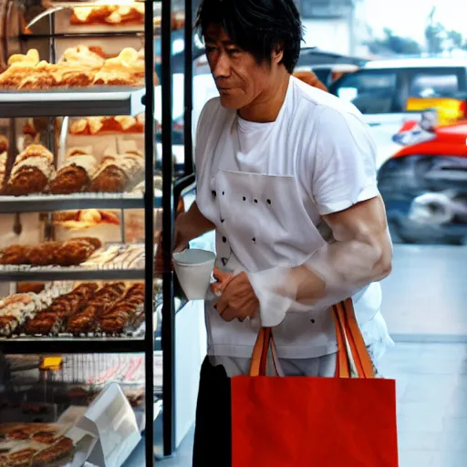 Image similar to Yujiro Hanma going to the bakery to buy apple fritters