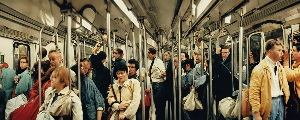 Image similar to symmetry!! people getting on a subway train made of spaghetti, canon 5 0 mm, cinematic lighting, photography, retro, film, kodachrome