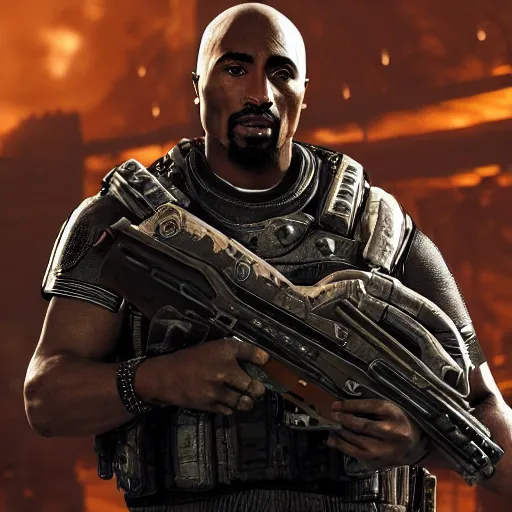 Image similar to Portrait of tupac shakur in Gears of War, splash art, movie still, cinematic lighting, dramatic, octane render, long lens, shallow depth of field, bokeh, anamorphic lens flare, 8k, hyper detailed, 35mm film grain