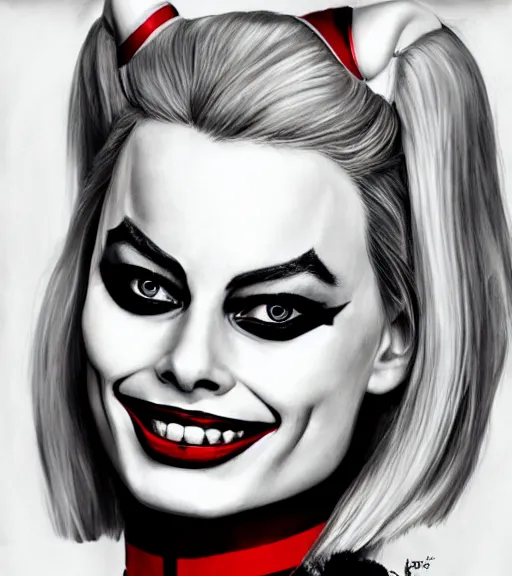 Image similar to a realism drawing of beautiful margot robbie as harley quinn portrait with joker makeup, in the style of den yakovlev, realistic face, black and white, realism, hyper realistic, highly detailed