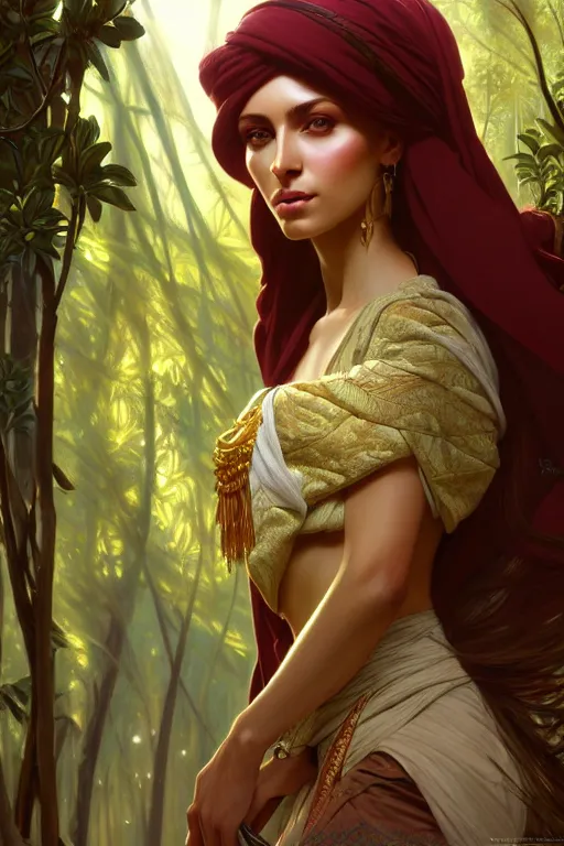 Prompt: beautiful digital painting of a stylish arabian female forest with high detail, 8 k, stunning detail, works by artgerm, greg rutkowski and alphonse mucha, unreal engine 5, 4 k uhd