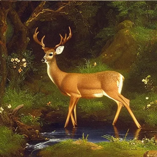 Prompt: a deer comes to drink from the stream. the deer is a metaphor for innocence. it is pure and untouched by the harshness of the world. it is gentle and fragile. an oil painting by thomas cole