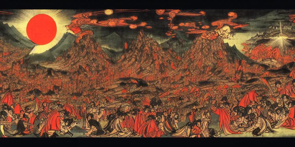 Prompt: Dante's Inferno, by Utagawa Kuniyoshi, dramatic lighting, high contrast colors, panoramic view, as trending on Artstation,
