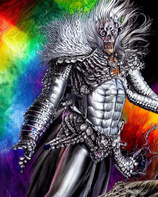 Image similar to realistic detailed image of ultra wrathful rainbow diamond iridescent mega griffith from berserk, depth perception, depth of field, action horror by ayami kojima, neo - gothic, gothic, part by adrian ghenie and gerhard richter. art by kentaro miura. masterpiece