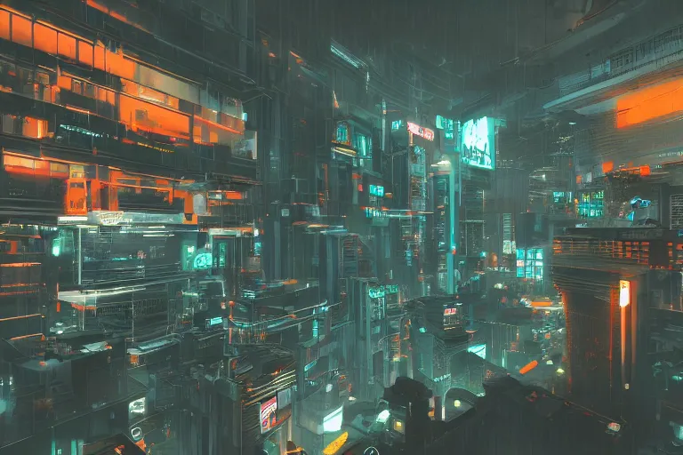 Image similar to orange government building, cyberpunk city, studio gainax art, intricate electronics, moody lighting