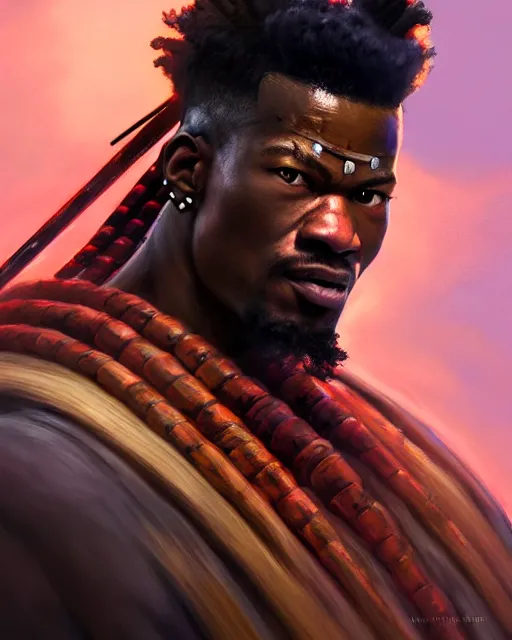 Image similar to face portrait of jimmy butler as a muscular ronin samurai, wearing a haori, by wlop and peter mohrbacher, dramatic action pose, extremely detailed shading, concept art, digital painting, trending on artstation, unreal engine 5, octane render, atmosphere, glow, cinematic lighting, full of color