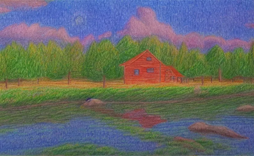 Prompt: a color pencil sketch of a serene landscape with a singular building near a river, cute, natural lighting, high quality, highly detailed, drawing, realistic, godrays, complementary colors, beautiful, concept art