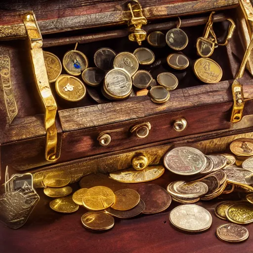 Image similar to A treasure chest filled with jewels, coins and golden artefacts, 4k, hdri, museum quality photo