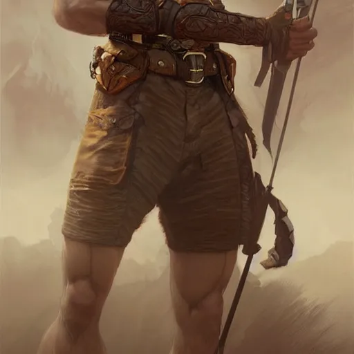 Image similar to Rugged ranger, male, man, D&D, muscular thighs, fantasy, intricate, elegant, highly detailed, digital painting, artstation, concept art, smooth, sharp focus, illustration, art by artgerm and greg rutkowski and alphonse mucha