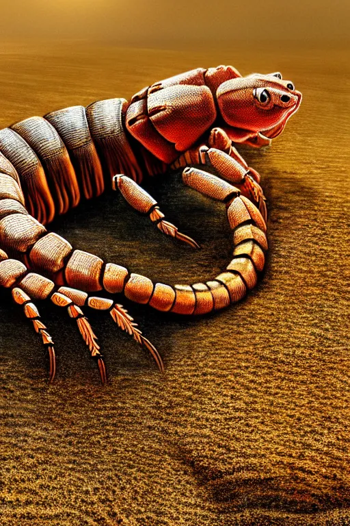 Image similar to hyperrealistic close - up sand worm scorpion monster highly detailed concept art eric zener elson peter cinematic hard yellow lighting high angle hd 8 k sharp shallow depth of field, inspired by david paul cronenberg and zdzisław beksinski