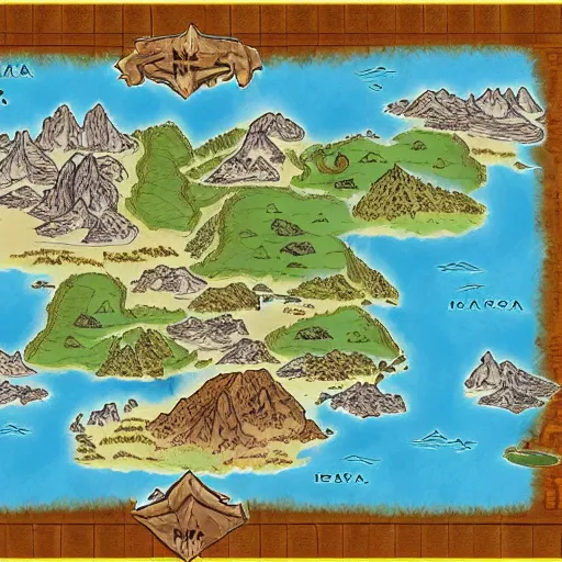 Prompt: dnd world map, mountains, villages, rivers, oceans, islands