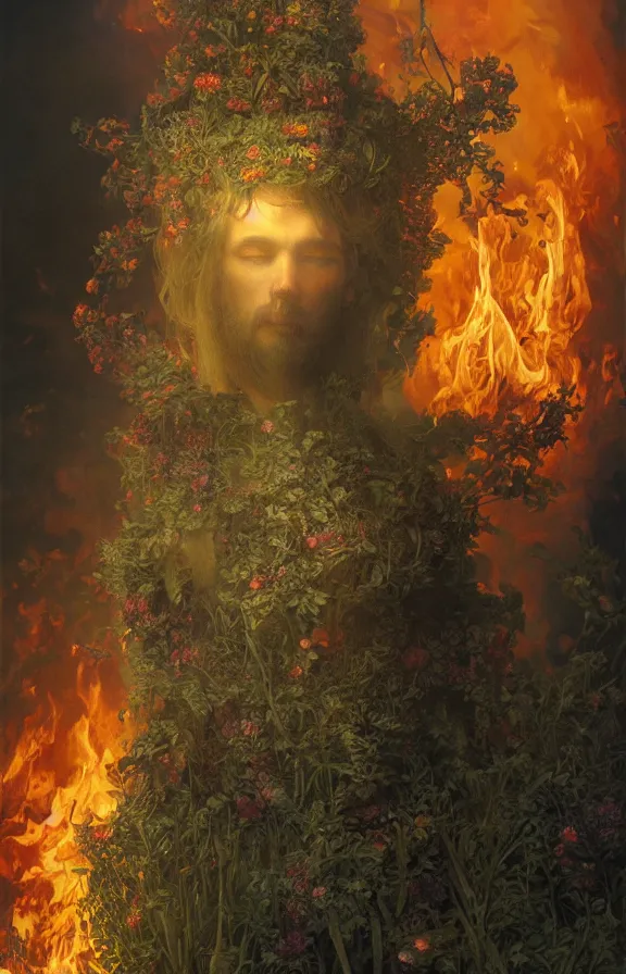 Image similar to portrait of a knight among flowers in dark forest surrounded by fire and smoke, moody, rim light, dynamic lighting, cinematic shot, gritty, ultra - detail, renderman, physically based render, jean delville, gustave dore and marco mazzoni