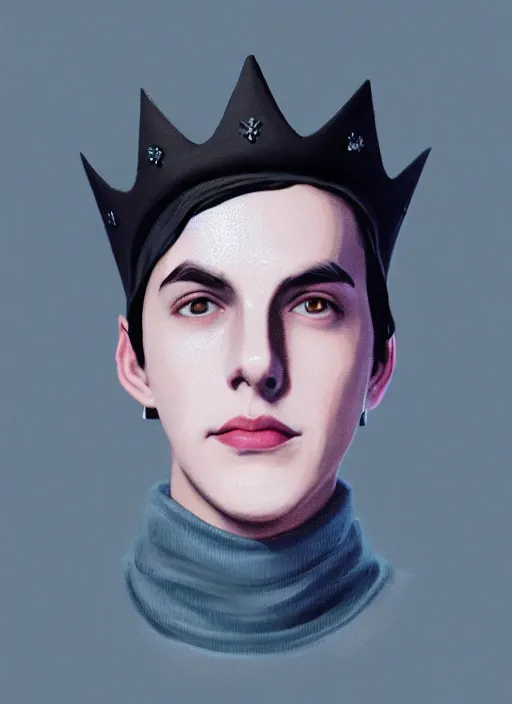 Image similar to portrait of teenage jughead jones wearing a light grey crown, crown, blue turtleneck, 1 9 5 0 s, closed eyes, photorealistic, black hair, glowing lighting, intricate, elegant, glowing lights, highly detailed, digital painting, artstation, concept art, smooth, sharp focus, illustration, art by wlop, mars ravelo and greg rutkowski