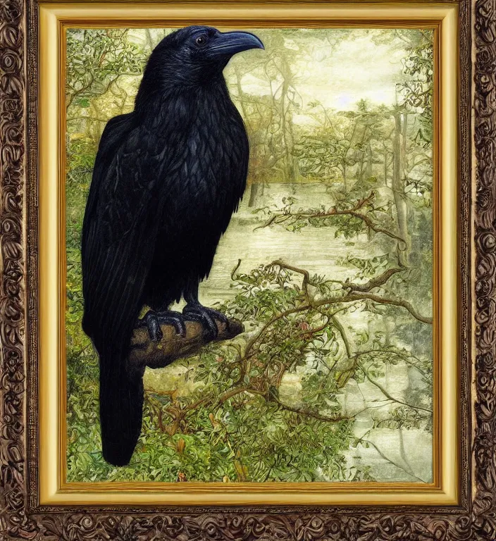 Prompt: a breathtakingly stunningly pre raphaelite beautifully highly detailed close up animal portrait of a majestic raven, in an forest arch with smokey water reflections, framed, by rosetti and devinci and michael cheval and sidney cooper and turner, 4 k