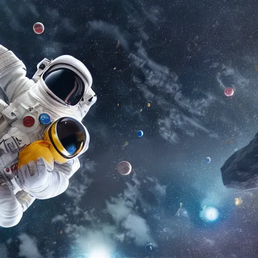 Image similar to A still of a little astronaut duckling floating in space, 4k, photograph, photoreal, realistic, highly detailed, epic lighting, awar winning