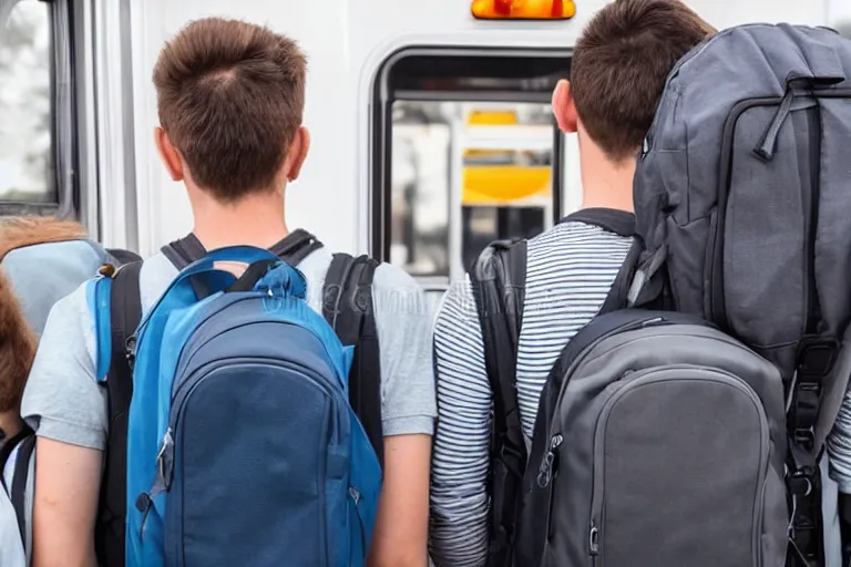 Prompt: generic modern day photo of men wearing backpacks and boarding a school bus, stock photo, 8 5 mm