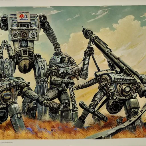 Prompt: wwi deiselpunk soviet mecha propaganda art by james gurney