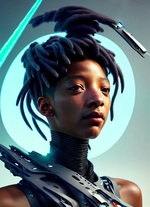 Prompt: willow smith as a weaponized cyborg, cyberpunk, intricate wirings, highly detailed, sci - fi, octane render, 8 k, sharp focus, smooth, beautiful and graceful, art by artgerm, greg rutkowski, tian zi, soey milk,