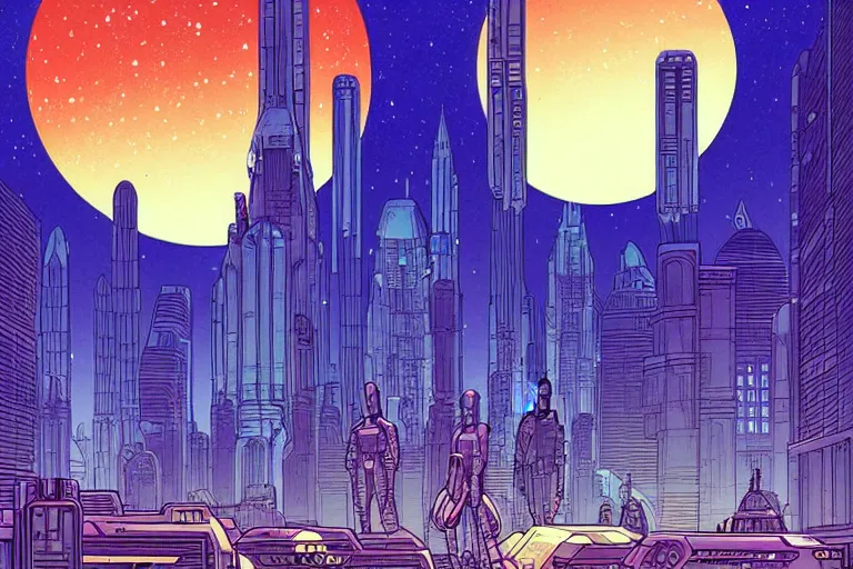 Image similar to a scifi illustration, Night City on Coruscant. flat colors, limited palette, heavy line work moebius in FANTASTIC PLANET La planète sauvage animation by René Laloux