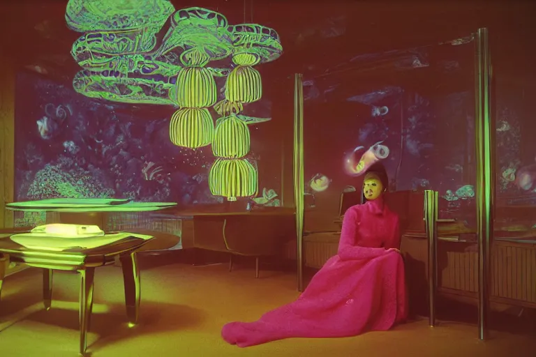 Prompt: portrait a woman wearing discowear sitting inside of an unlit lit 1970s luxury underwater chinese restaurant with a soviet computer console on the wall, a suspended fireplace, large windows, two lava lamps, an exterior of deep-sea bioluminescent species, ektachrome photograph, volumetric lighting, f8 aperture