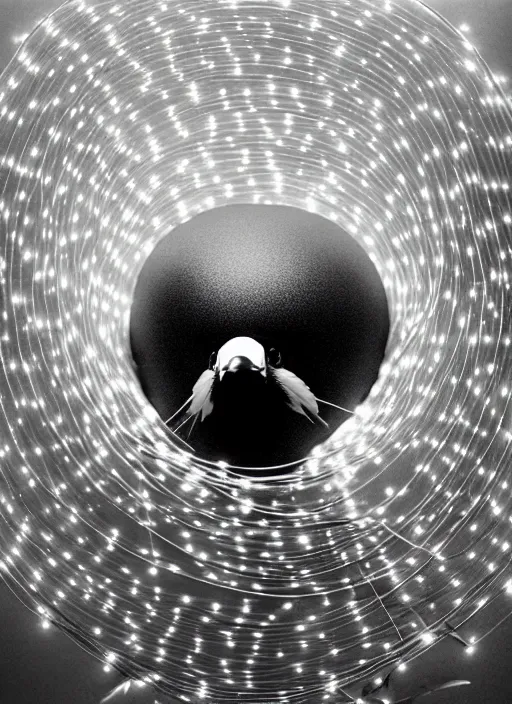 Prompt: realistic photo portrait of common bird with white feathers many cords leds and detailed wires, spherical black helmets, in a big pool filled with mercury, the sky is grey, 2 0 0 0, life magazine photo,