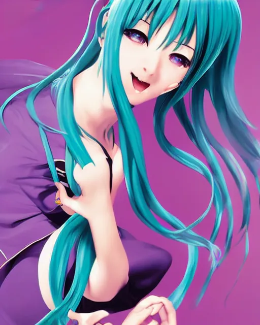 Prompt: Hatsune Miku singing on the scene, symmetrical eyes, beautiful pose, open mouth, art by Elvgren, Vargas and Moran