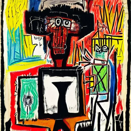 Prompt: modern demonic 1 9 2 0's pond crystal chicken coffer banylus trash, by jean - michel basquiat and eugene delacroix and monsu desiderio, child's drawing, movie poster, cubist