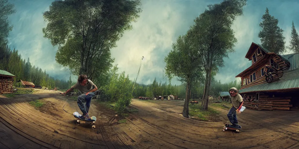 Prompt: a detailed beautiful matte painting of a skateboarder, kick flip, pilgrim village setting, log homes, dirt road, trees by Mikko Lagerstedt and Raphael Lacoste, graffiti throughout by Fintan Magee, fisheye lens,