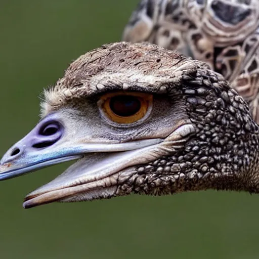 Image similar to a cross hybrid between ostrich and turtle, realsitic