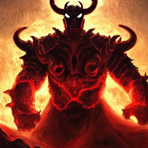 Image similar to surtur as khorne, artstation hall of fame gallery, editors choice, #1 digital painting of all time, most beautiful image ever created, emotionally evocative, greatest art ever made, lifetime achievement magnum opus masterpiece, the most amazing breathtaking image with the deepest message ever painted, a thing of beauty beyond imagination or words