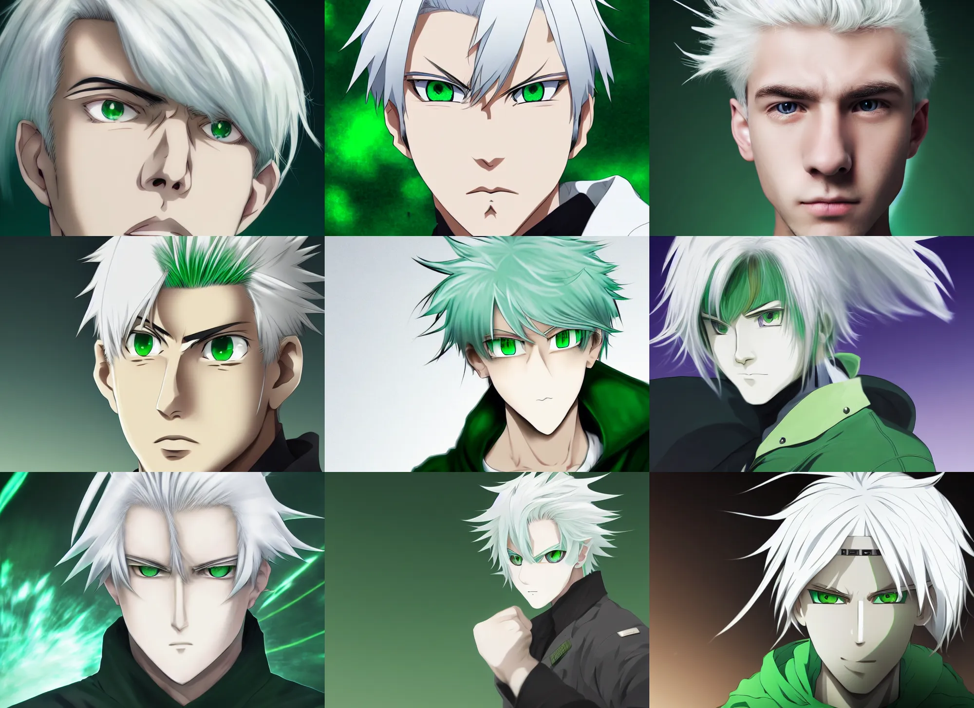 Prompt: white - haired young guy with green eyes, face anime portrait, genshin impact, very close shot, high barrel distortion