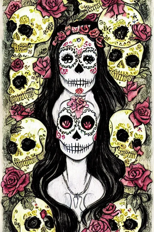 Prompt: Illustration of a sugar skull day of the dead girl, art by dorothy lathrop