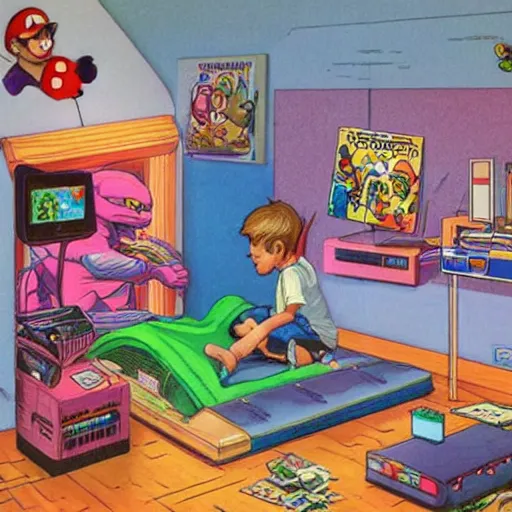 Image similar to kids playing nintendo, 90s bedroom, happy, colorful Epic portrait by james gurney and mœbius,