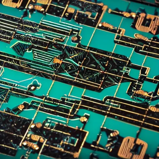 Prompt: closeup of the art deco detailing on a circuit board