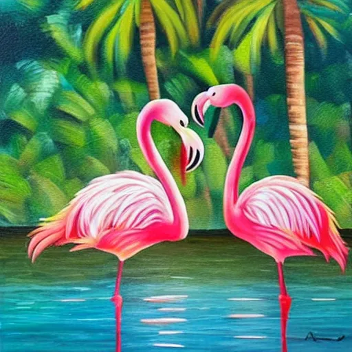 Image similar to cute flamingos with furry feathers in lake with palm trees detailed oil painting