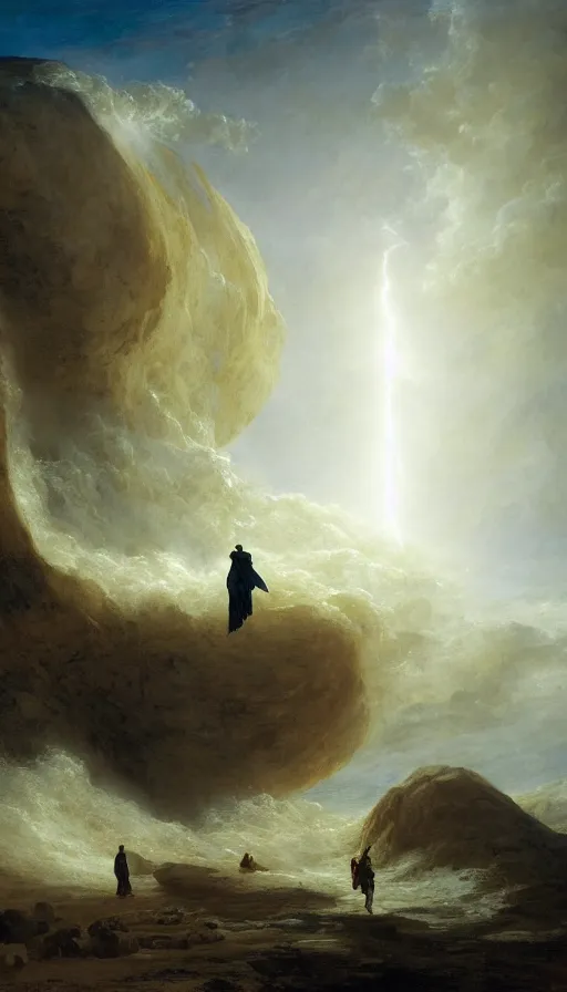 Image similar to a glowing magical portal inside a big wave made of sand fantasy desert, portal, a man watching over, lightning, arabia, by caspar david friedrich by james gillard and justin gerard, artstation, smooth, sharp focus, by jean baptiste, bernardo bellotto