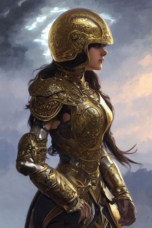 Image similar to attractive young female, ornate metallic helmet, battle armor, olive skin, long dark hair, beautiful bone structure, intricate, elegant, highly detailed, digital painting, artstation, concept art, smooth, sharp focus, illustration, art by artgerm and greg rutkowski and alphonse mucha