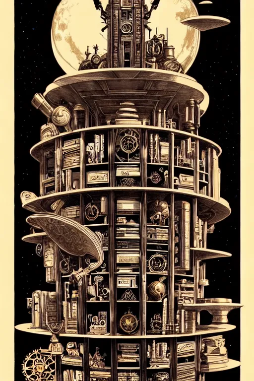 Image similar to a majestic steampunk alchemists bookshelf, two point perspective, furniture, high details, bold line art, by vincent di fate and joe fenton, inking, etching, screen print, masterpiece, trending on artstation, sharp, high contrast, hyper - detailed,, hd, 4 k, 8 k