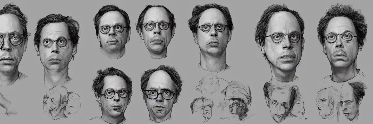 Prompt: character study of todd solondz and steve buscemi and charlie kaufman, 2 0 2 2, clear faces, emotional, character sheet, fine details, concept design, contrast, kim jung gi, pixar and da vinci, trending on artstation, 8 k, full body and head, turnaround, front view, back view, ultra wide angle