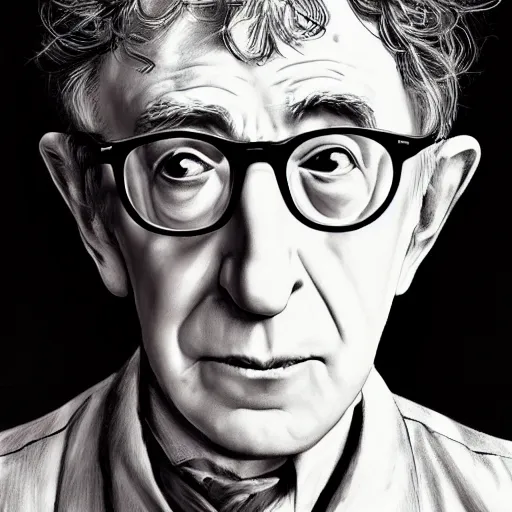 Prompt: portrait of woody allen, headshot, insanely nice hair style, dramatic hair color, digital painting, of a old 17th century, old cyborg merchant, amber jewels, baroque, ornate clothing, scifi, realistic, hyperdetailed, chiaroscuro, concept art, art by Franz Hals and Jon Foster and Ayami Kojima and Amano and Karol Bak,