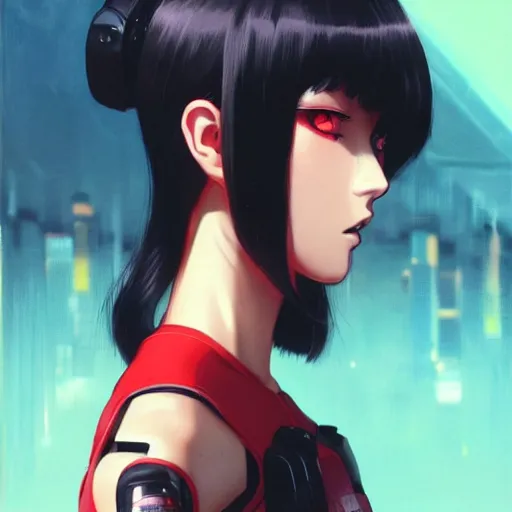 Prompt: A cyborg girl with big and cute red eyes, fine-face, realistic shaded perfect face, fine details. red and black robotic parts. Very very anime. Realistic shaded lighting poster by Ilya Kuvshinov katsuhiro otomo ghost-in-the-shell, magali villeneuve, artgerm, Jeremy Lipkin and Michael Garmash and Rob Rey, trending on art station