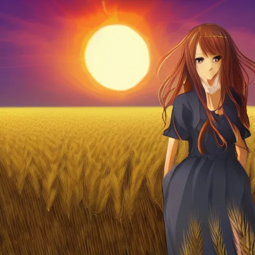 Prompt: digital illustration of Holo from Spice and Wolf standing in a wheat field at sunset, key visual