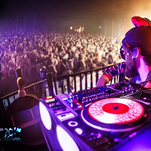 Image similar to photograph of a dubstep dj djing during an medieval party, 8 k resolution, high detail