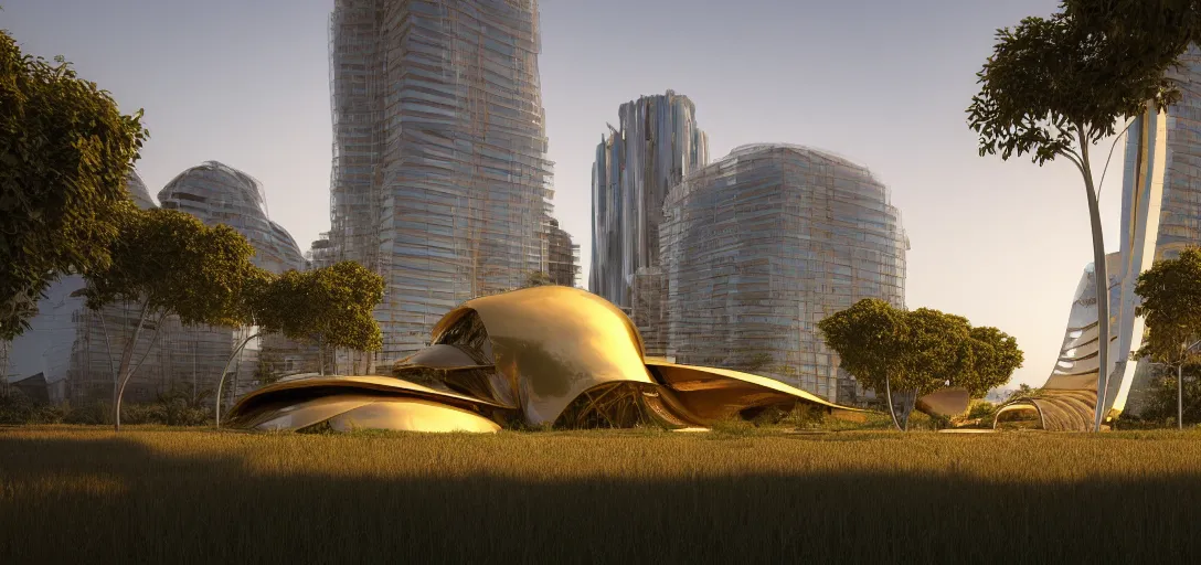 Image similar to abandoned futuristic shinny golden building designed by alien civilization, with overgrown vegetation in exuberant jungle, summer day evening dusk, shinny golden roads frank gehry and calatrava, glowing reflections, octane render redshift unreal engine, rule of thirds