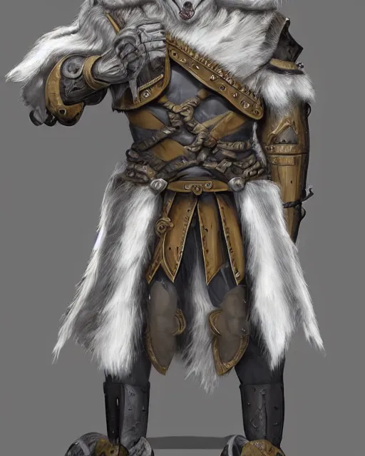 Image similar to 8ft tall, grey skinned, half-giant paladin male, clean shaven head, pupiless eyes, fur stuffed breastplate with no sleaves, breastplate is envraged with a symbol of a wolf, d&d character art