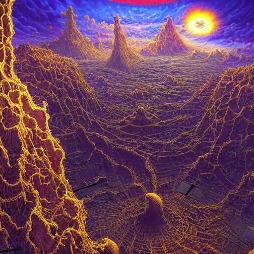 Image similar to a hybrid of the mandelbox and a barren hellscape populated by demons, illustrated by thomas kincade